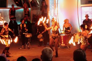 Samba Stilt Circus drummers and dancers finished strong