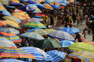 crowded beach, umbrellas, Peru