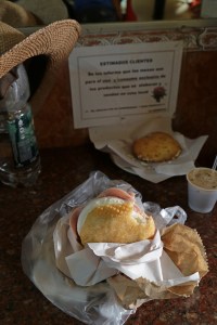 Ham and cheese arepa breakfast, unfortunately too dark to see the one in the background, because I can't remember what kind it was.