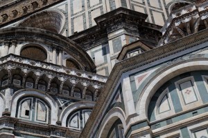 Outside Florence's Duomo, with its elaborate angles and characteristic coloration.