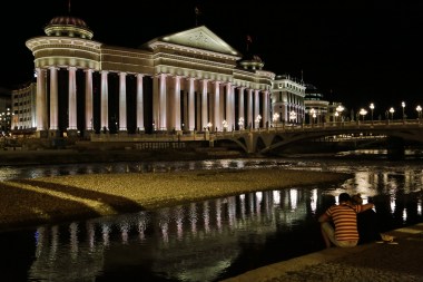 Skopje river, bridge, and buildings
