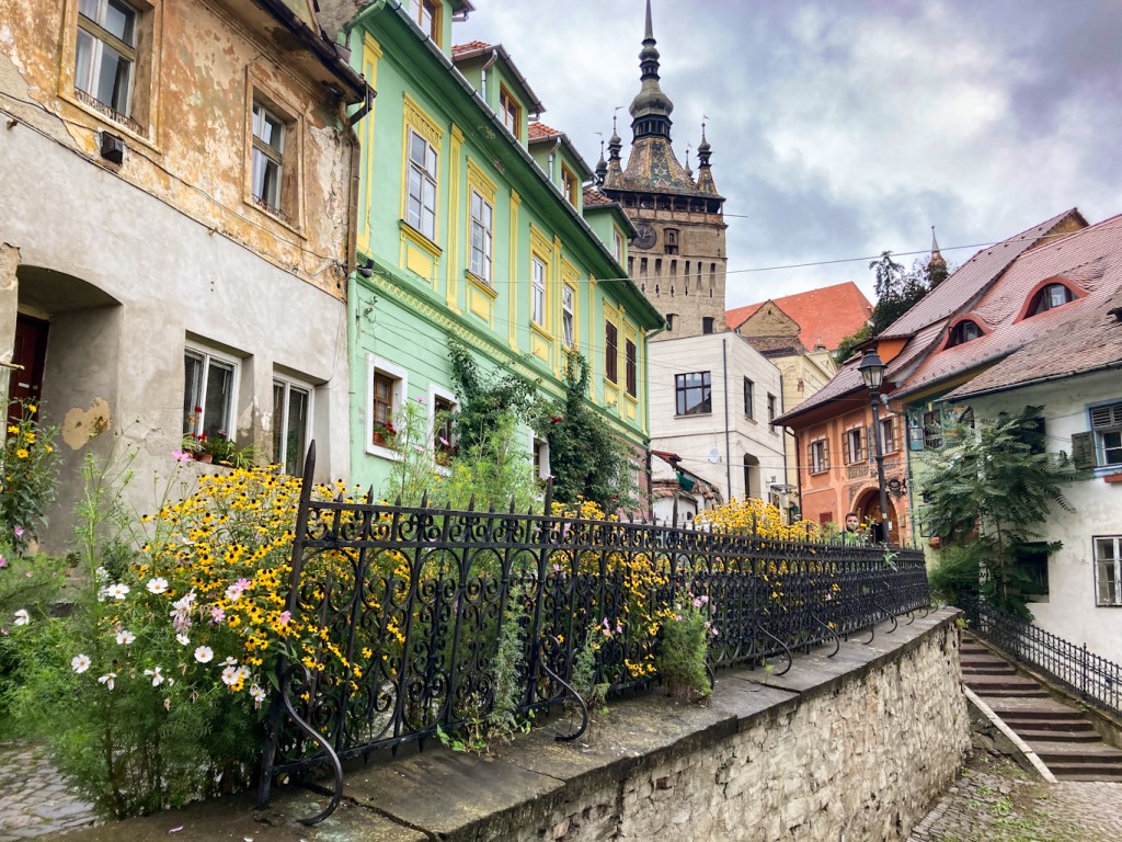 Colorful houses and the Clock Tower of Sighisoara, Romania